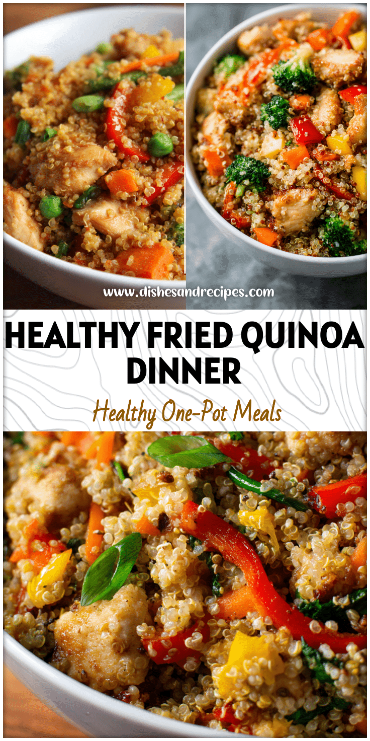 Colorful bowl of Chicken & Veggie Fried Quinoa with bright vegetables and tender chicken pieces.